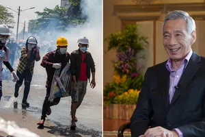 Thủ tướng Singapore Lý Hiển Long (phải) ngày 2-3 trả lời phỏng vấn của đài BBC về khủng hoảng chính trị ở Myanmar. Ảnh: MCI