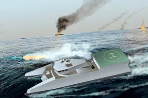 Minh họa thiết kế tàu hai thân mới của Hải quân IRGC. Ảnh: USNI NEWS