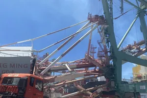 Giàn cầu tại bến tàu số 70, cảng Cao Hùng (Đài Loan) đổ sụp hôm 3-6. Ảnh: UDN