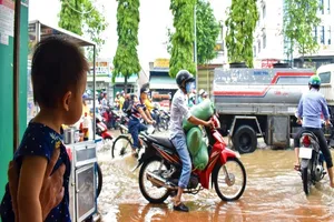 Dân Cần Thơ bì bõm lội nước đưa con đến trường