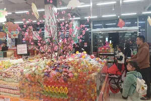 Mùng 1 Tết, người dân mua hoa quả, bánh kẹo, vàng mã đi lễ chùa