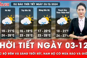 Dự báo thời tiết ngày 03-12: Bắc Bộ đêm và sáng trời rét, Nam Bộ có mưa rào và giông