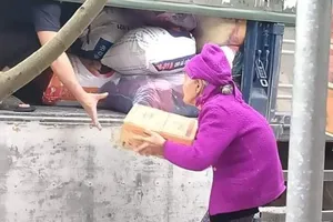 Cụ bà 93 tuổi ôm thùng mì gửi cho đồng bào bị lũ lụt