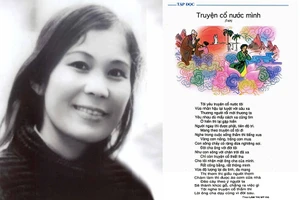 Nhà thơ Lâm Thị Mỹ Dạ (1949-2023). Ảnh: Hội Nhà văn Việt Nam (Vanvn.vn) và bài thơ Truyện cổ nước mình (ảnh phải) của nhà thơ Lâm Thị Mỹ Dạ được in trong sách Tiếng Việt lớp 4 tập 1, Nhà xuất bản Giáo dục Việt Nam.