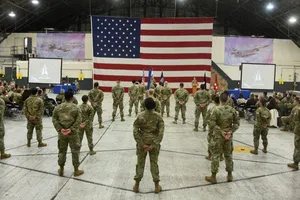 Binh sĩ tham dự lễ ra mắt đơn vị lực lượng không gian Mỹ tại tại Căn cứ Không quân Osan ở TP Pyeongtaek (tỉnh Gyeonggi, Hàn Quốc). Ảnh: REUTERS