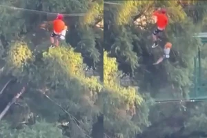 Hình ảnh cậu bé 6 tuổi rơi từ độ cao hơn 12 m do sự cố đứt dây đai trượt. Ảnh: CBS NEWS