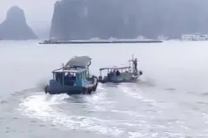 Hai tàu vỏ gỗ rượt nhau trên vịnh Hạ Long