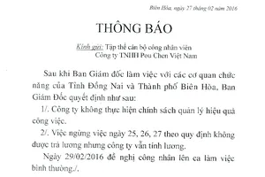 Đã giải quyết xong vụ công nhân Công ty Pouchen ngưng việc tập thể