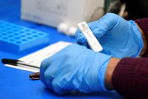 Nhân viên y tế Anh xử lý các mẫu xét nghiệm tại trường Harris Academy Beckenham. Ảnh: REUTERS