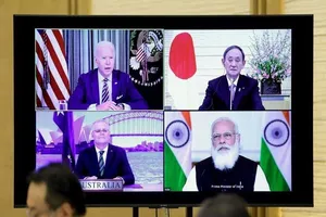 Lãnh đạo các nước "Bộ tứ kim cương" họp trực tuyến hồi 12-3. Ảnh: AFP
