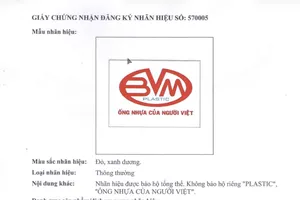 Công ty nhựa Bình Minh Việt đã được cấp giấy chứng nhận đăng ký nhãn hiệu
