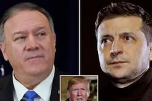 Ông Pompeo (trái) sẽ sang Ukraine gặp ông Zelensky (phải) giữa bối cảnh luận tội ông Trump (giữa). Ảnh: AFP