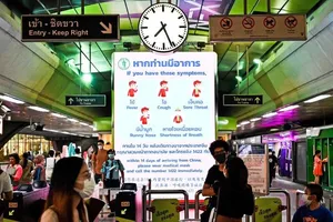 Bảng khuyến cáo ngừa lây lan virus Corona tại một trạm tàu điện ở Bangkok (Thái Lan) ngày 1-2. Ảnh: AFP
