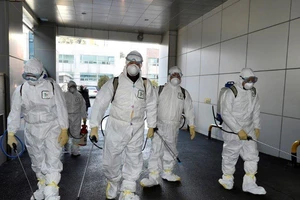 Khử trùng một nhà thờ giáo phái Tân Thiên Địa ở Daegu. Ảnh: REUTERS