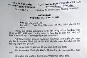 Toà yêu cầu chuyên viên văn phòng UBND TP nộp tạm ứng án phí