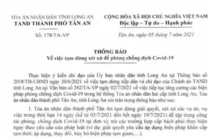 Tòa án TP Tân An tạm dừng xét xử để phòng chống dịch COVID-19