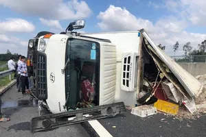 Lật xe tải, cá tràn xuống cao tốc
