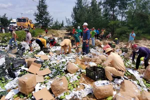 Người dân và cảnh sát ‘giải cứu’ xe chở 33 tấn xoài bị lật