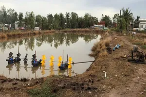 Máy tạo oxy ở ao nuôi tôm cá nhà bệnh nhân. Ảnh: HẢI DƯƠNG