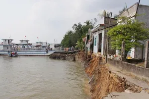 Phà quay đầu khiến 6 căn nhà sụp xuống sông Hậu