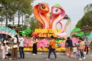 Ấn tượng tượng cặp rắn quấn khăn rằn, đội nón lá tại Đường hoa Xuân ở Đồng Tháp