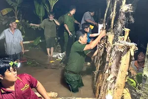 Đồng Tháp: Công an xã Hiệp Đức xuyên đêm hỗ trợ khắc phục vỡ đê do triều cường