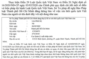 Thông báo Sở Tư pháp thôi quốc tịch Việt Nam của Lim Dĩnh Kỳ