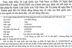 Thông báo Sở Tư pháp thôi quốc tịch Việt Nam của Lee Minh Khang
