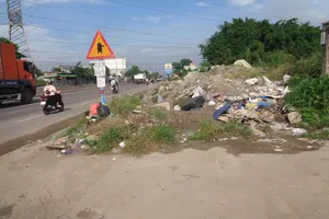 Đống đất đá đổ lên vỉa hè