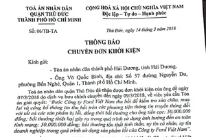 Vụ kiện Ford: TAND quận Thủ Đức không thụ lý