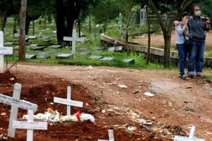  Những người thân đeo khẩu trang đứng gần các nấm mộ của các nạn nhân COVID-19 tại một nghĩa địa ở Jakarta, Indonesia. Ảnh: REUTERS