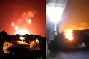 Ảnh cắt từ video cho thấy một cuộc tấn công của Israel nhằm vào căn cứ quân sự Syria ở tỉnh Hama. Ảnh: RT