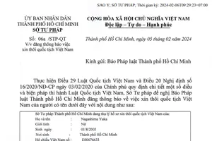 Thông báo Sở Tư pháp thôi quốc tịch Việt Nam của Nagashima Yuka