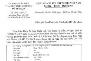 Thông báo Sở Tư pháp thôi quốc tịch Việt Nam của Hong Trần Minh Đức
