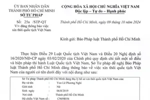 Thông báo Sở Tư pháp thôi quốc tịch Việt Nam của Yoo Lê Phương Nghi