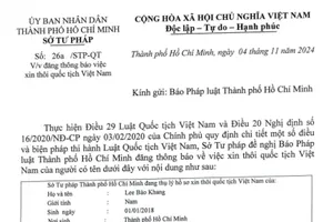 Thông báo Sở Tư pháp thôi quốc tịch Việt Nam của Lee Bảo Khang