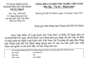 Thông báo Sở Tư pháp thôi quốc tịch Việt Nam của Lim Dĩnh Tư