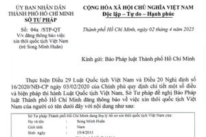 Thông báo Sở Tư pháp thôi quốc tịch Việt Nam của Song Minh Huân