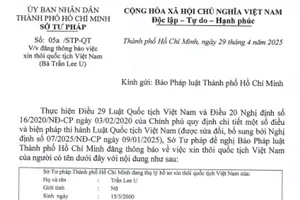 Thông báo Sở Tư pháp thôi quốc tịch Việt Nam của Trần Lee U