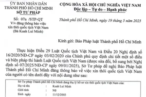 Thông báo Sở Tư pháp thôi quốc tịch Việt Nam của Kuah Lui Minh