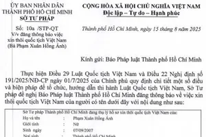 Thông báo Sở Tư pháp thôi quốc tịch Việt Nam của Phạm Xuân Hồng Ánh