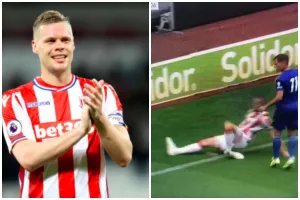 Hậu vệ Stoke City gãy gập chân sau một pha phá bóng