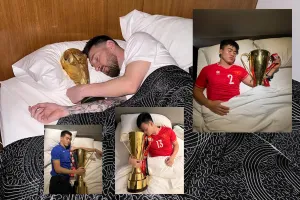 Lên đỉnh AFF Cup 2024, chùm ảnh sao Việt “copy” cảnh Messi ôm cúp ngủ