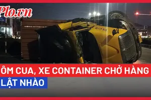 Video: Xe container chở hàng lật nhào lúc ôm cua tại Bình Dương