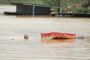 Chùm ảnh: Nước sông Hồng lên cao, người dân vùng thấp ở Hà Nội ngụp lặn cứu tài sản
