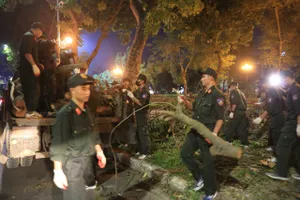 Đoàn viên, thanh niên Bộ Công an, Công an Hà Nội dọn dẹp cây xanh bị gãy đổ 