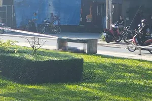 Người đàn ông úp mặt xuống bãi cỏ chết ở khuôn viên cây xanh