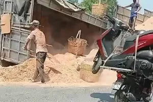 Xe tải chở mùn cưa lật trên Quốc lộ 22, giao thông ùn ứ