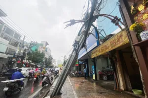 Trụ điện trung thế nghiêng đổ vào nhà dân trên đường Âu Cơ