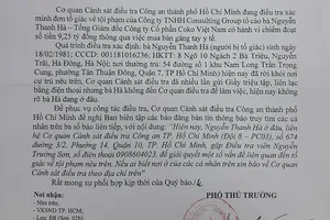 Thông báo truy tìm bà Hà của Công an TP.HCM. Ảnh: NGUYỄN YÊN